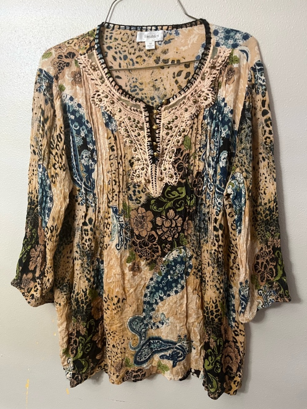 Dressbarn Boho Patchwork Blouse Size M Embellished Lace Trim Floral Animal Print - Picture 2 of 4
